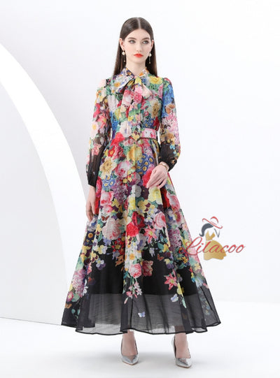 Lantern Sleeve Retro Print Slim Dress