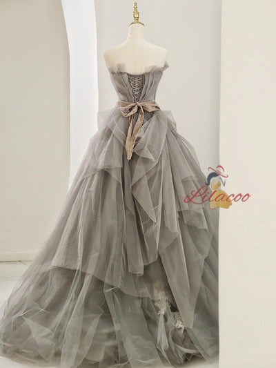 Gray Tulle Lace Pleats Prom Dress