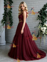 Burgundy Tulle Straps Pleats Prom Dress