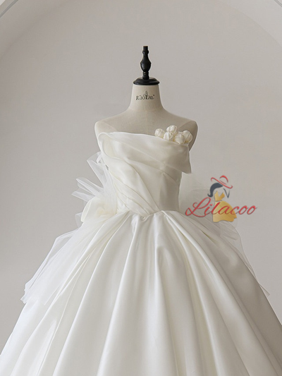 White Tulle Satin Strapless Pleats Wedding Dress