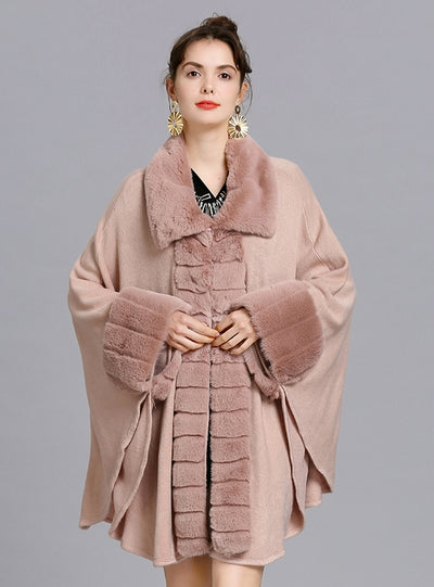 Loose Fur Collar Knitted Shawl Cloak Coat