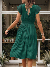 V-neck High Waist Pleated Dress