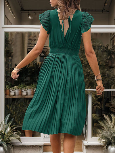 V-neck High Waist Pleated Dress