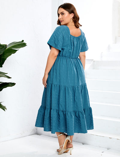 Large Size V-neck High Waist Short Sleeve Dress