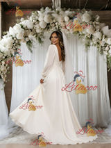 Beige White Long Sleeve Pleats Backless Wedding Dress