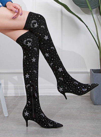 High Heel Pointed Suede Rhinestone Boots