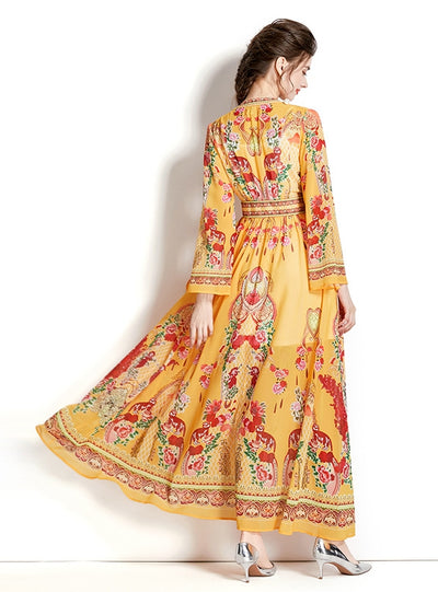 Long-sleeved V-neck Printed Dress