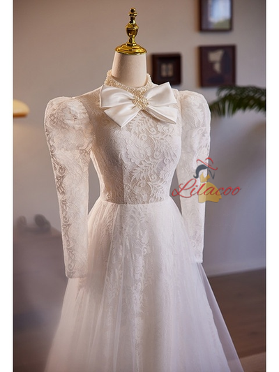 White Lace Tulle Long Sleeve High Neck Wedding Dress