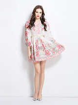Fashion Printed Slim V-neck Lantern Sleeve Dress