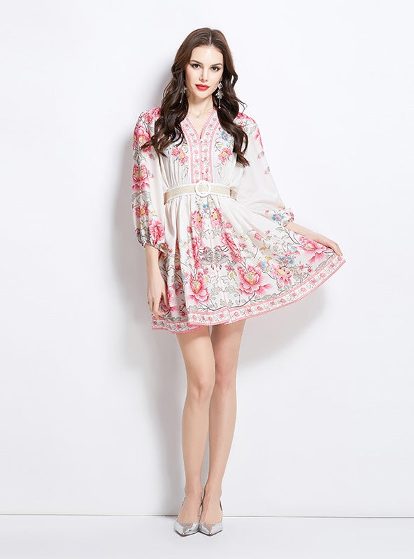 Fashion Printed Slim V-neck Lantern Sleeve Dress