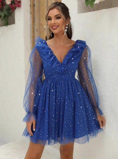 V-neck Stitching Gauze Sequined Bubble Sleeve Dress