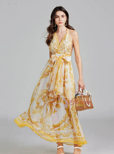 Open-back V-neck Chiffon Printed Dress