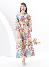Retro Stand-up Collar Breasted Print Long Dress