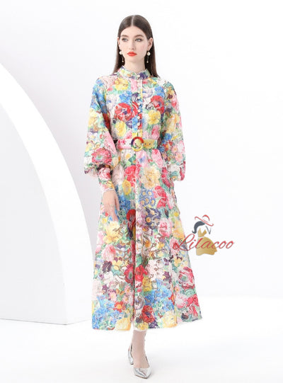 Retro Stand-up Collar Breasted Print Long Dress