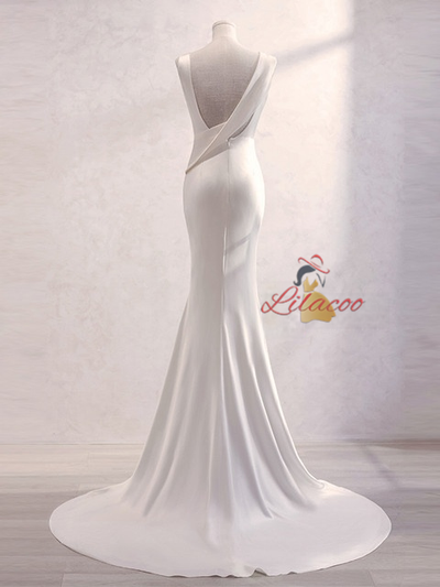 White Pleats Mermaid Backless Wedding Dress