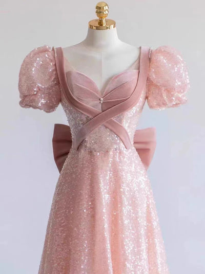 Pink Sequins Velvet Puff Sleeve Prom Dress