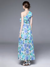 Flounce Sea Side Holiday Printed Chiffon Dress