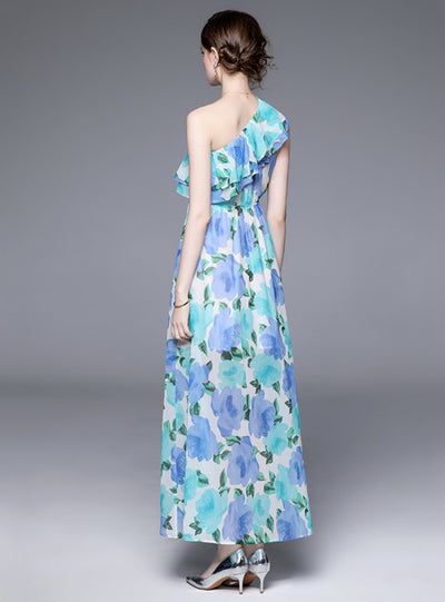Flounce Sea Side Holiday Printed Chiffon Dress