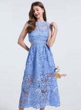 Blue Hollow Lace Sleeveless Dress