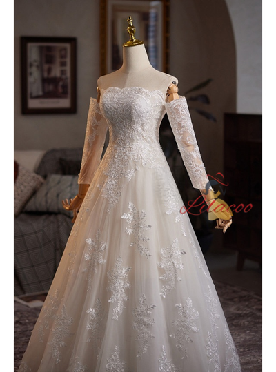 Fashion Ivory White Tulle Lace Long Sleeve Wedding Dress