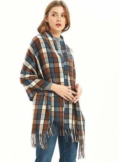 Black and White Fringed Plaid Scarf Shawl