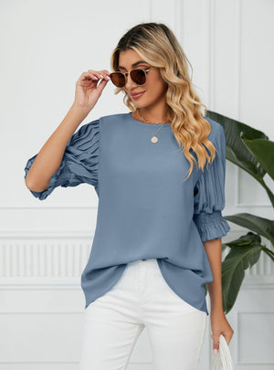 Solid Color Round Neck Loose Chiffon Top