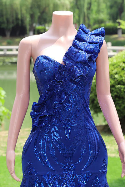 Royal Blue Mermaid Sequins One Shoulder Prom Dress