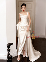 White Satin Straps Pleats Wedding Dress