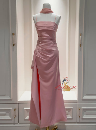 Pink Straps Pleats Prom Dress