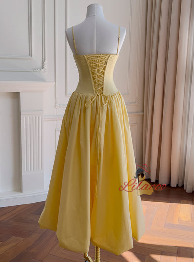 Yellow Straps Pleats Prom Dress