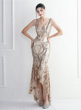 Hi Lo V-neck Sequins Beading Prom Dress