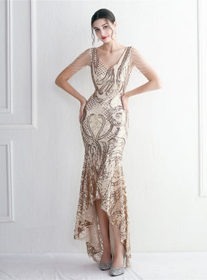 Hi Lo V-neck Sequins Beading Prom Dress