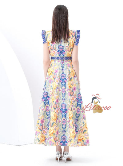Retro Palace Printed Lapel Slim Dress
