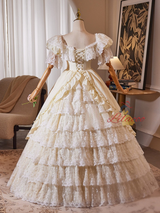 Vintage Champagne Satin Lace Short Sleeve Wedding Dress