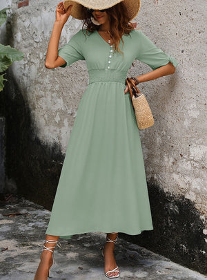 Casual High Waist Elastic V-neck Solid Color Dress