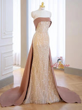 Champagne Mermaid Sequins Prom Dress With Bow