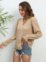 Solid Color Lace Stitching V-neck Long Sleeve Shirt