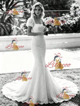 White Mermaid Lace Puff Sleeve Wedding Dress