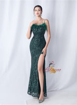 Sequins Mermaid Straps Feather Prom Dress