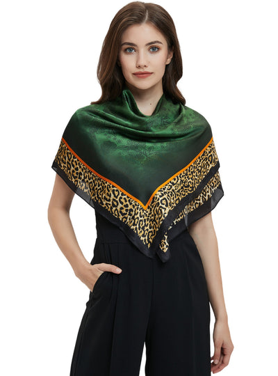 Green Chiffon Leopard Print Square Scarf