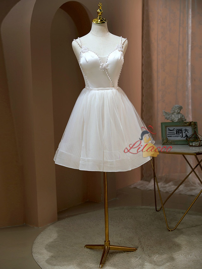 White Tulle Straps Pearls Homecoming Dress