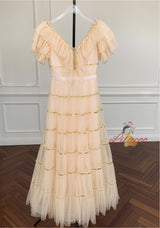 Champagne Tulle V-neck Prom Dress