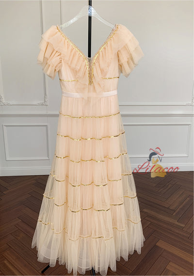 Champagne Tulle V-neck Prom Dress