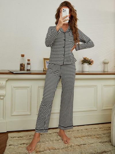 Plaid Cardigan Long-sleeved Trousers Pajamas
