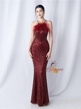 Halter Mermaid Sequins Feather Prom Dress