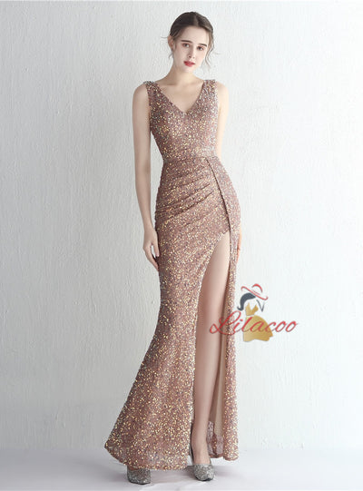 V-neck Mermaid Sequins Split Prom Dress