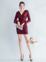 Long Sleeve V-neck Sequins Mini Prom Dress