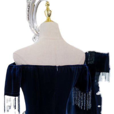 Navy Blue Velvet Beading Prom Dress