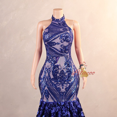 Royal Blue Mermaid Sequins Backless Prom Dress