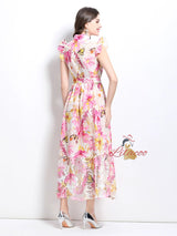 Oil Painting Flower Lace Stitching Long Dress